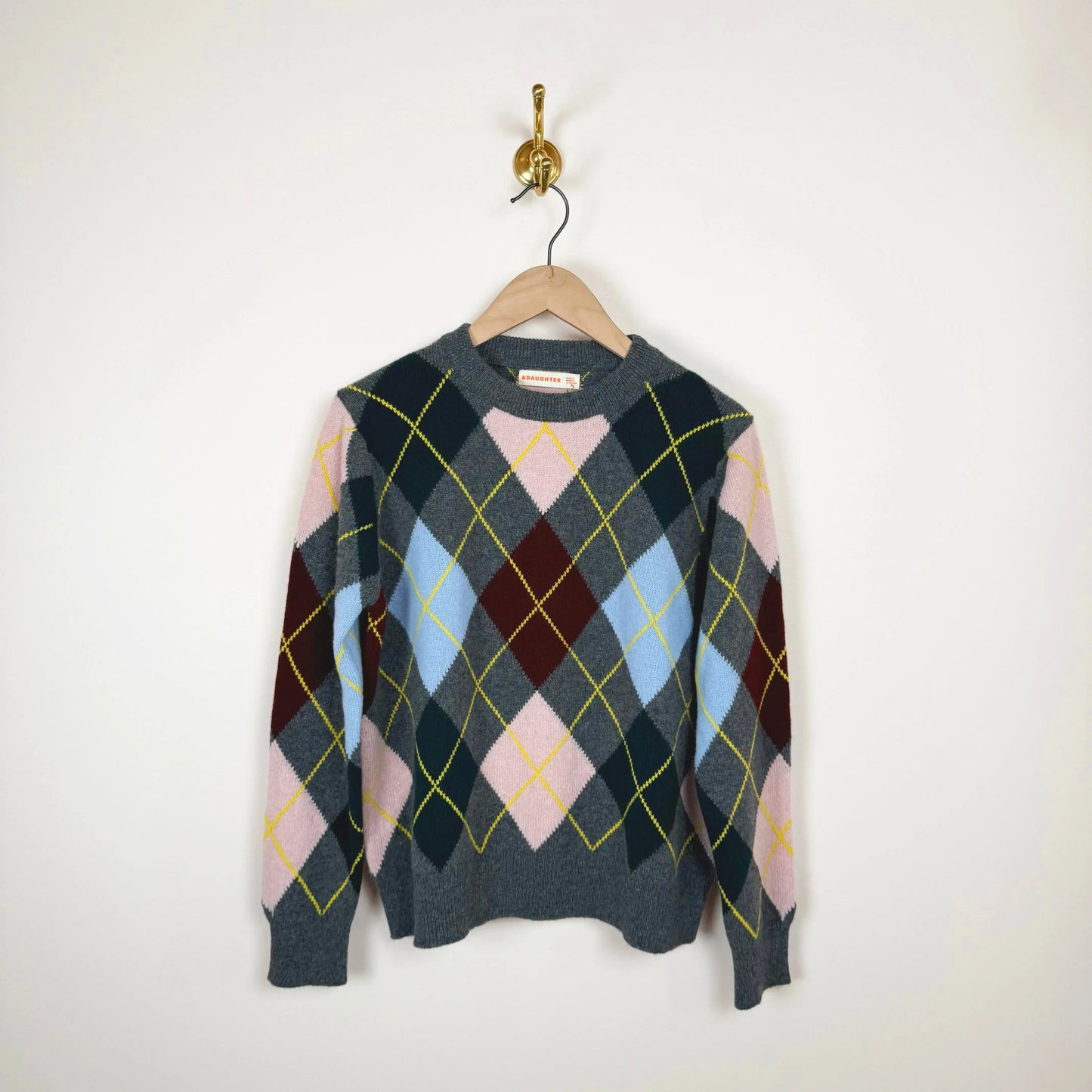 Argyle Slouch Crewneck in Grey with Pale Pink-Sweater-&Daughter-eugenienewport