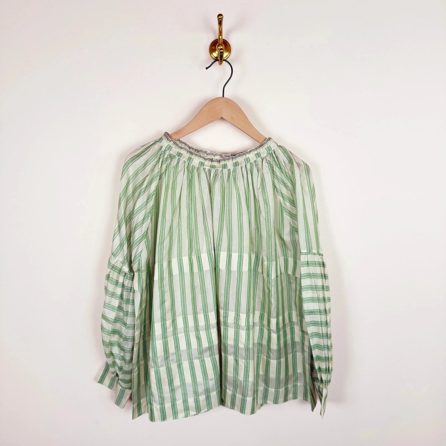 Astrid Pleated Blouse in Green Stripes-Tops-Runaway Bicycle-eugenienewport