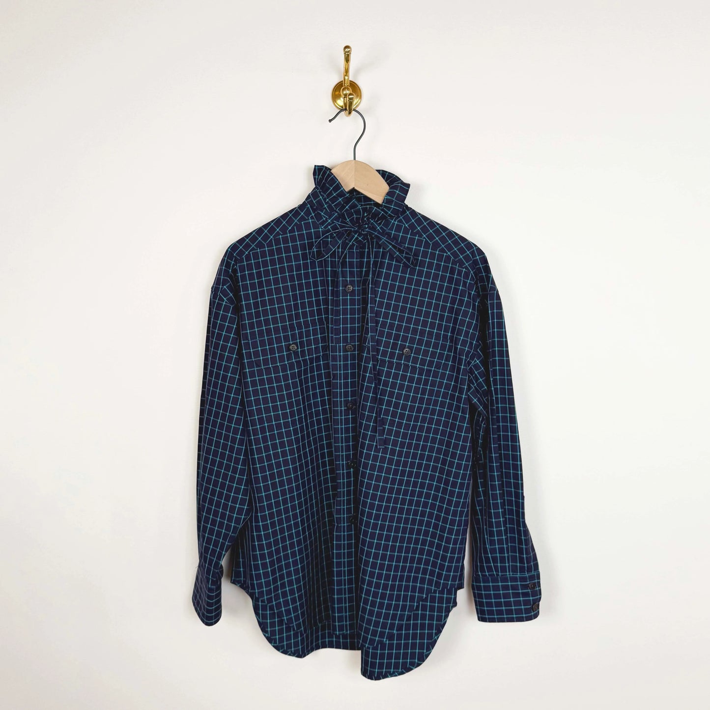 Oversized Shirt with Ruffle Neck Detail in Blue Windowpane Check-Tops-KasMaria-eugenienewport