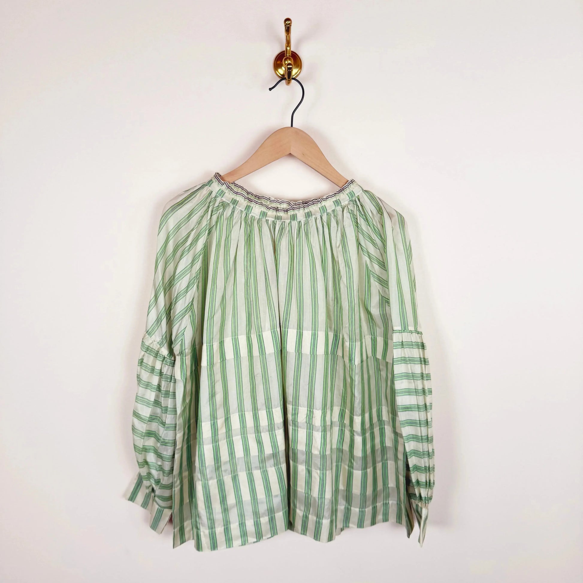 Astrid Pleated Blouse in Green Stripes-Tops-Runaway Bicycle-eugenienewport