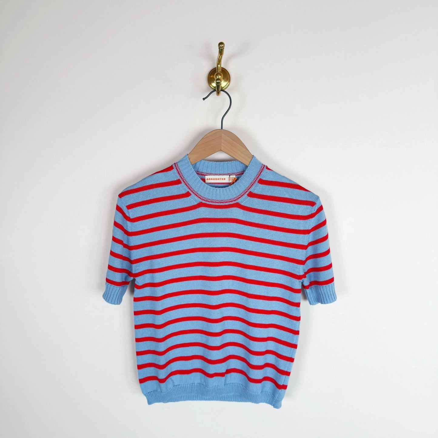 Breton T-Shirt in Pale Blue with Red Stripe-Sweaters-&Daughter-eugenienewport