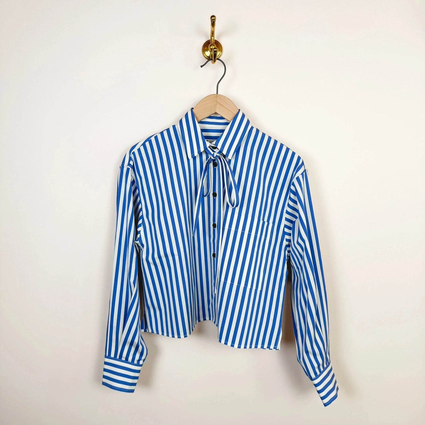 Cropped Tie Shirt in Blue Stripe-Tops-KasMaria-eugenienewport