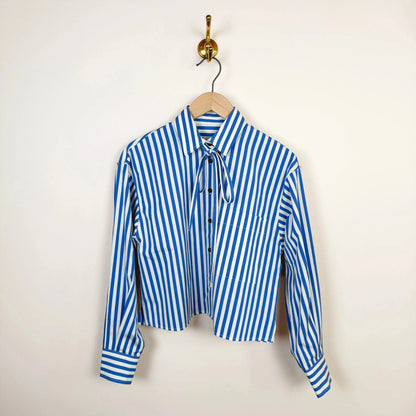 Cropped Tie Shirt in Blue Stripe-Tops-KasMaria-eugenienewport