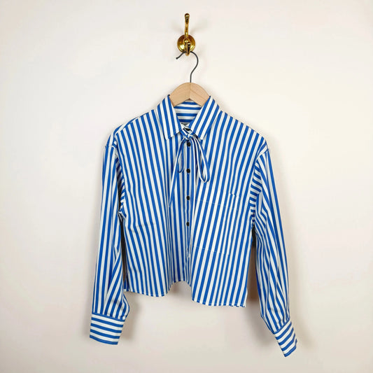Cropped Tie Shirt in Blue Stripe-Tops-KasMaria-eugenienewport