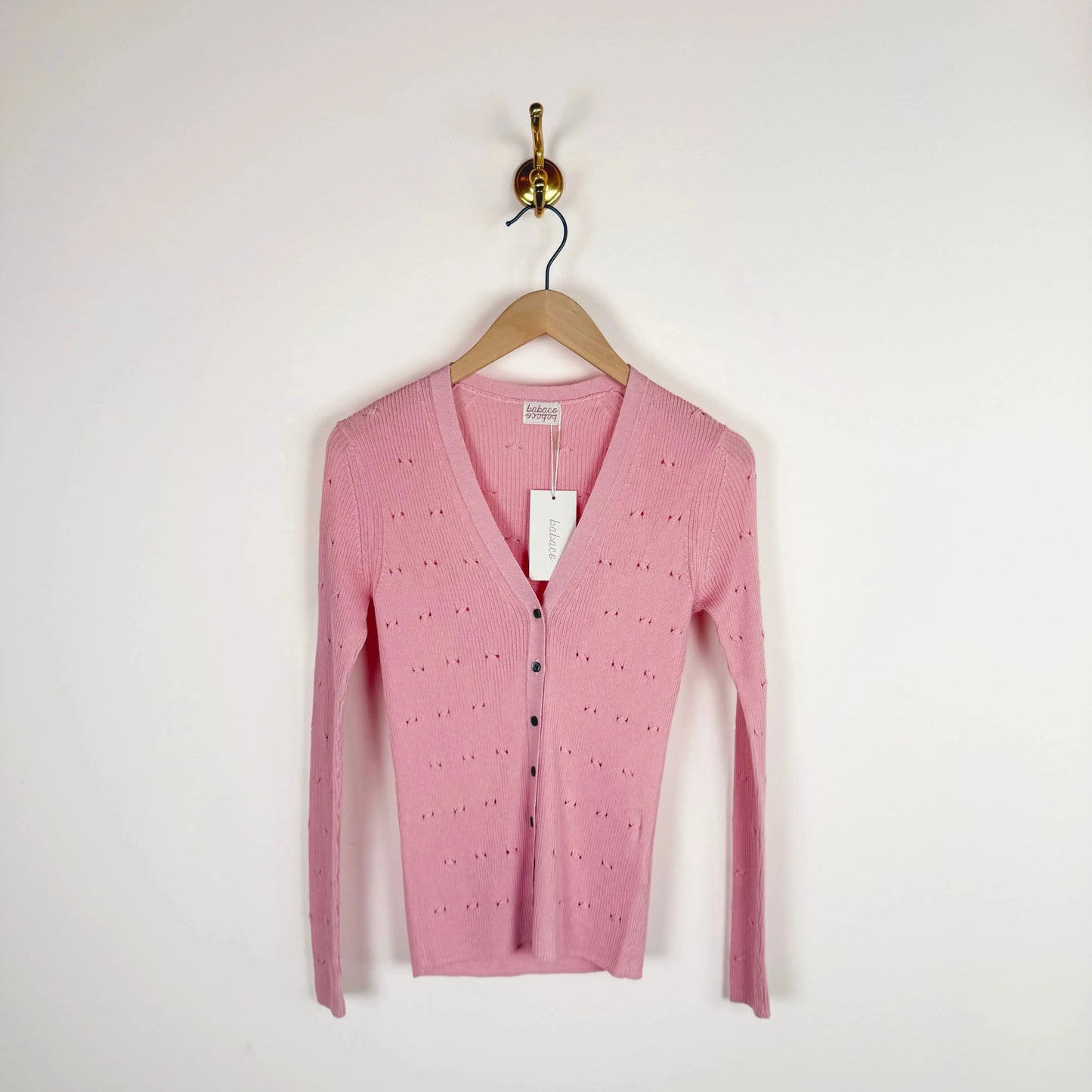 Eyelet Cable V-Neck Cardigan in Pink-Sweaters-Babaco-eugenienewport