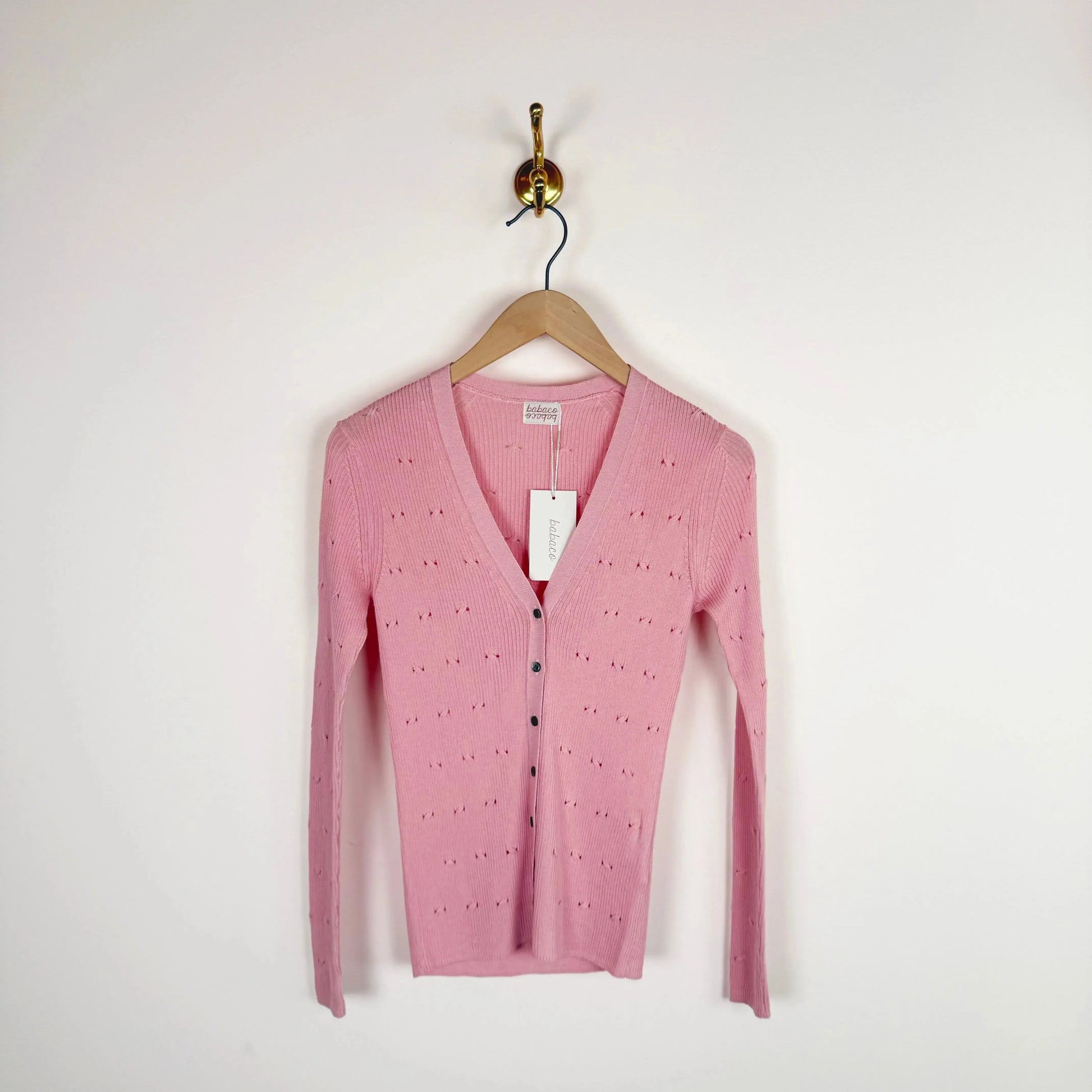 Eyelet Cable V-Neck Cardigan in Pink-Sweaters-Babaco-eugenienewport