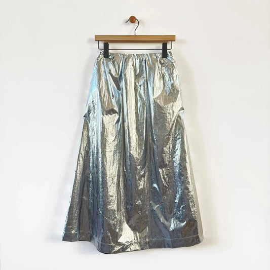 Metalic Nylon Flared Skirt in Silver-Skirt-Alysi-eugenienewport