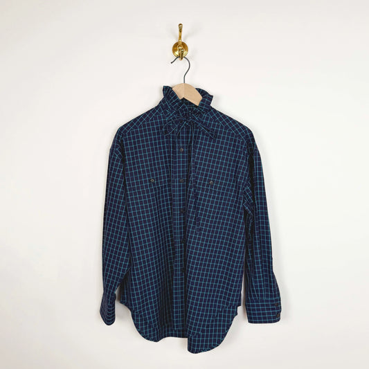 Oversized Shirt with Ruffle Neck Detail in Blue Windowpane Check-Tops-KasMaria-eugenienewport