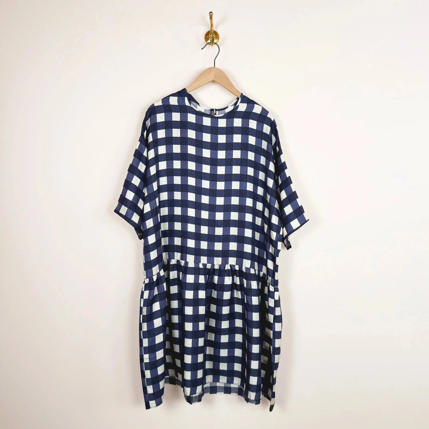 Short Mumu Dress in Navy Check Silk-Dresses-Eleph-eugenienewport