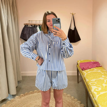 Cropped Tie Shirt in Blue Stripe-Tops-KasMaria-eugenienewport