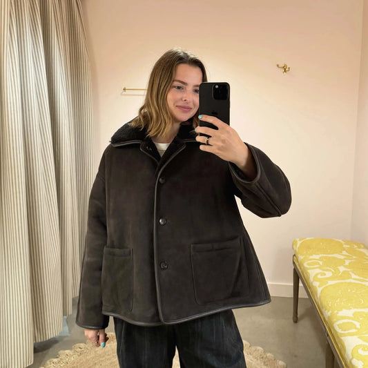 Suede Curly Hair Avis Jacket in Chocolate-Jackets-Cawley-eugenienewport