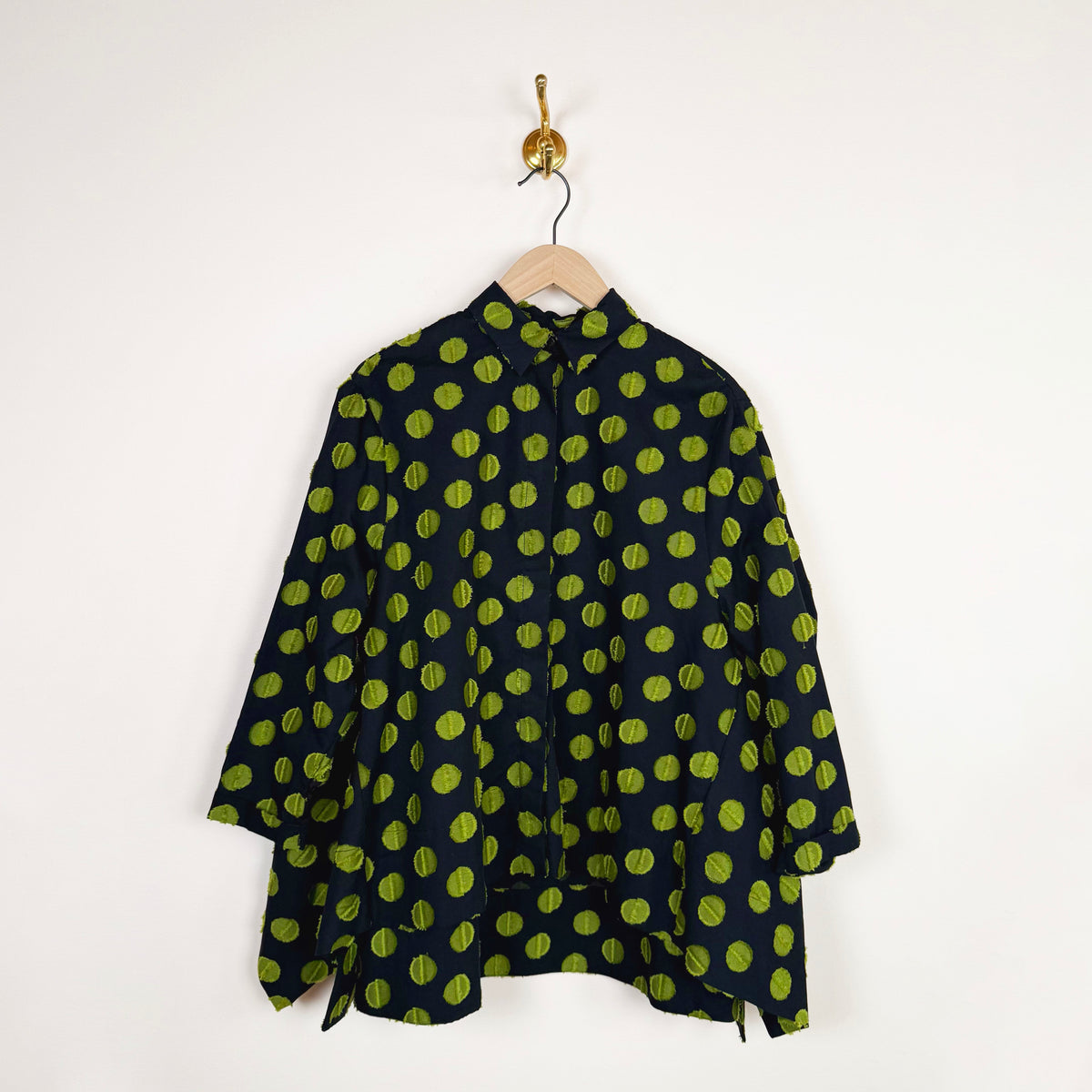 Wind in Blouse in Black Green Dots